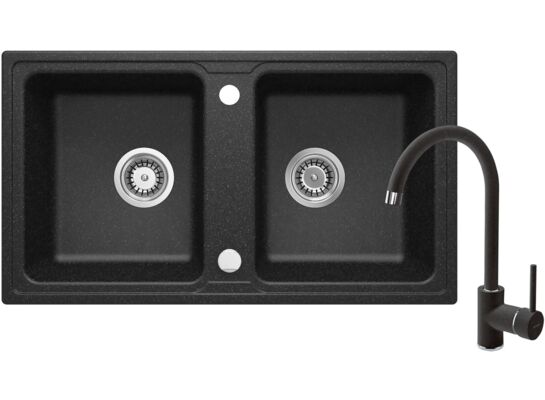 Zlewozmywak ZORBA grafitowy granit 2K B/O 780 x 435 x 180 mm 3,5" + osprzęt PLUS bateria NEMEZJA z wylewką "U"