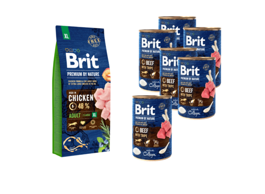 Karma dla psa Adult XL 15 kg + karma mokra Beef & Tripe 6x400 g Brit Premium by Nature