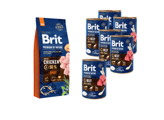 Karma dla psa Adult SPORT 15 kg + karma mokra Beef & Tripe 6x400 g Brit Premium by Nature