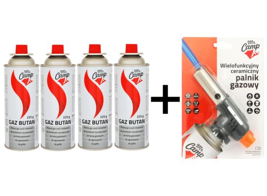 Kartusz gaz butan 4 sztuki + palnik ceramiczny Mr. Camp