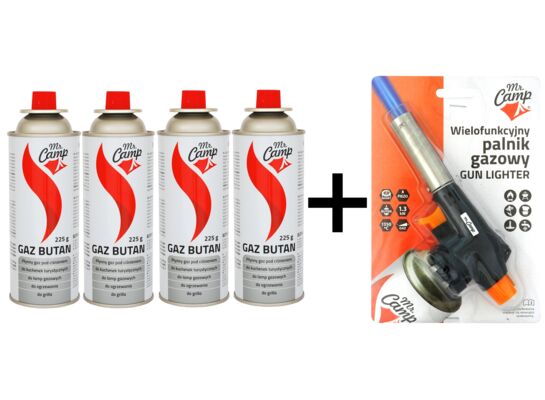 Kartusz gaz butan 4 sztuki + palnik pistoletowy Mr. Camp