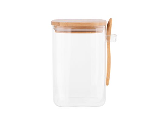 Pojemnik kwadratowy Borosilikat 1000 ml z bambusową pokrywką i łyżeczką