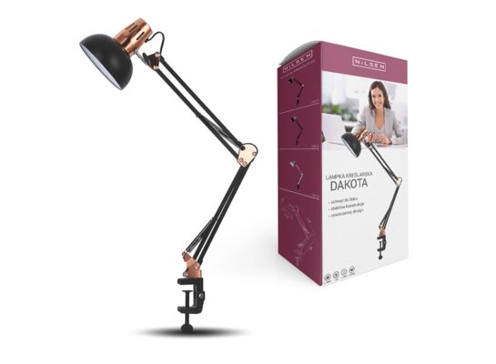 Lampka biurkowa E27 Dakota kreślarska z klipsem czarny/miedź